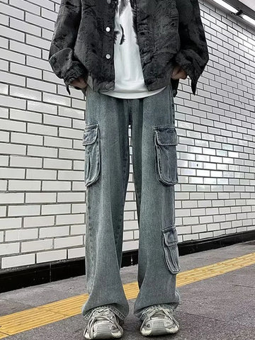 Aidase Men Jeans Multi Pockets Daily Hip Hop Casual Chic Teenagers All-match Mopping Washed Trousers Comfortable Classic Korean Style aidase-shop